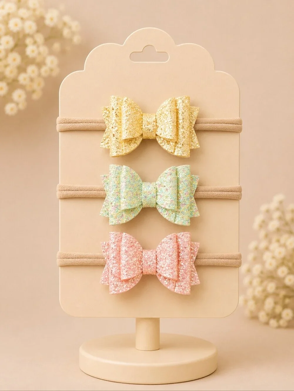 Handmade Baby Bow Headbands Set 3pc/Glitter Nylon Newborn Toddler Bows🎀✨